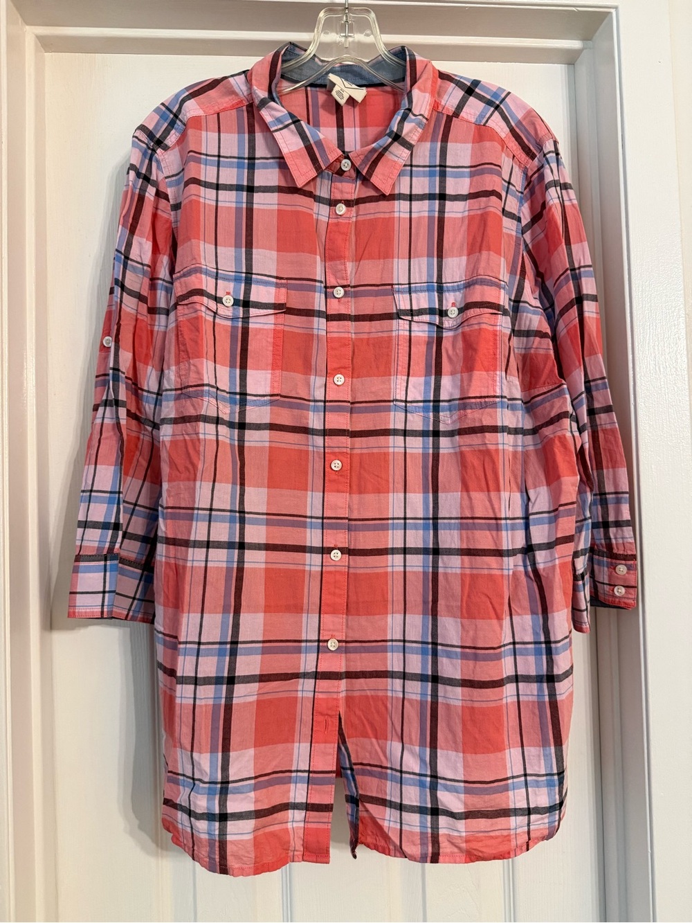 St John’s Bay Women’s Coral Plaid Button-Up Shirt sz 2X New